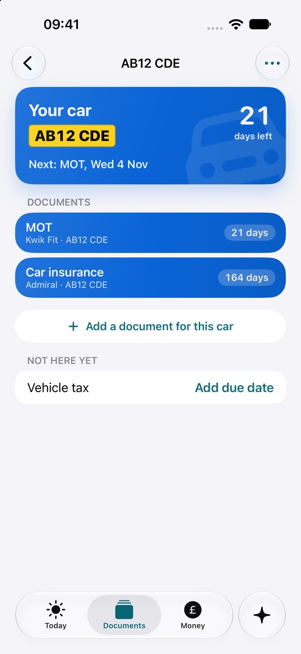 A car's page in Otis listing its MOT and insurance, with vehicle tax shown as not added yet