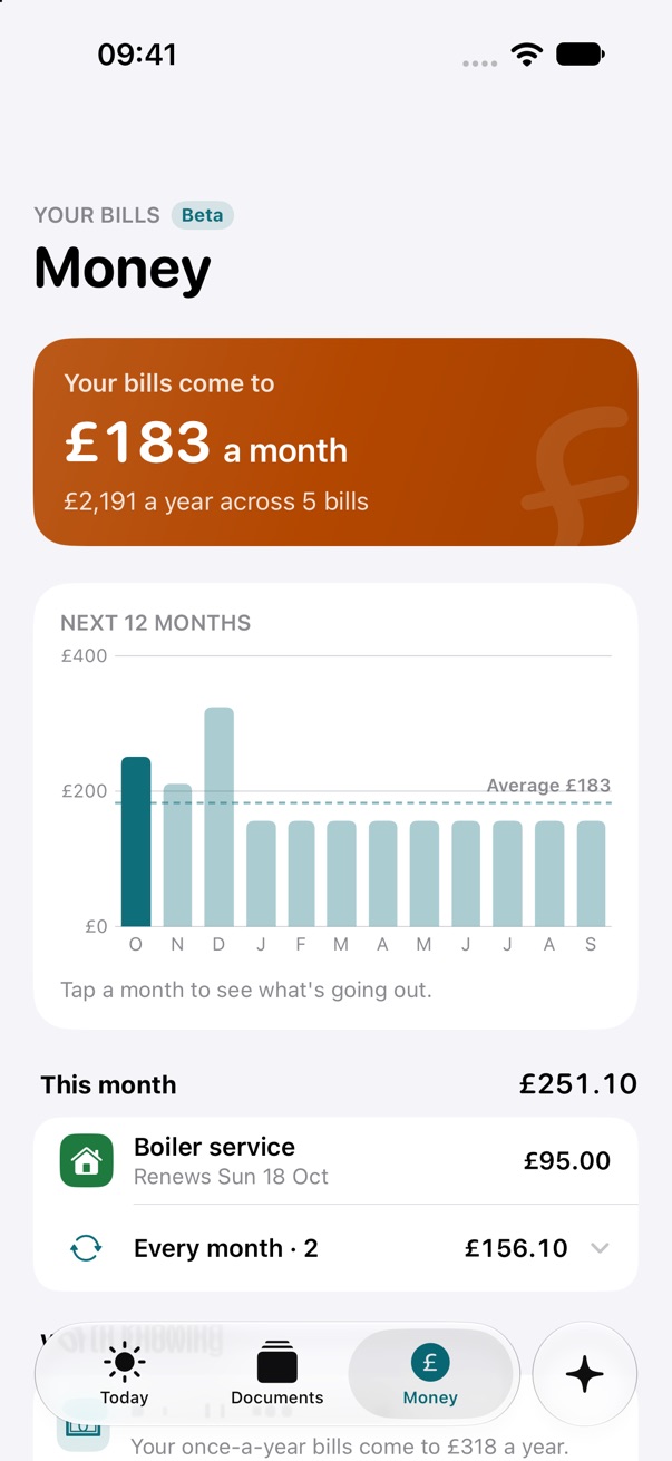 The Money screen in Otis: bills come to £183 a month, with a chart of the next 12 months
